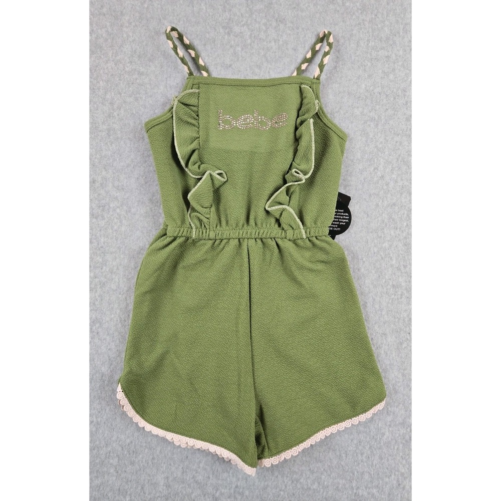bebe Girls Romper Size 4 Sleeveless Green Pink Sequin Ruffle Accents NWT